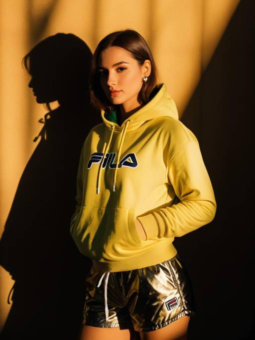 Young Woman in Yellow FILA Hoodie and Metallic Shorts