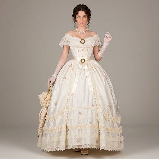 Photograph of a woman in an off-the-shoulder, white, lace-trimmed ball gown with a corset waist, holding a cream