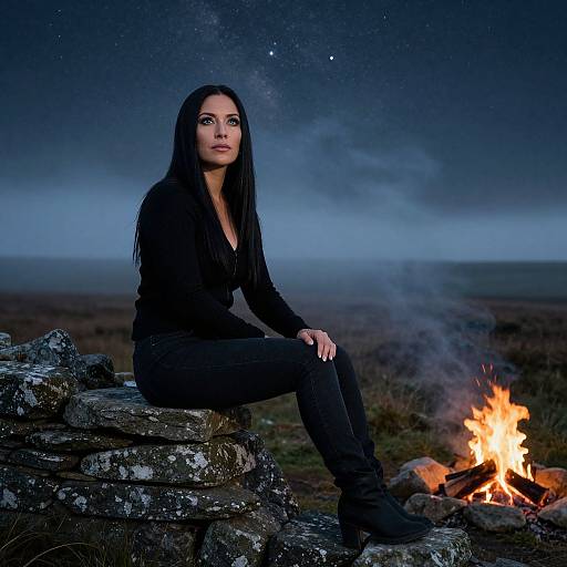 Photograph of a woman with long black hair, wearing a black fringed top and pants, sitting on a stone stack by a nighttime campfire,
