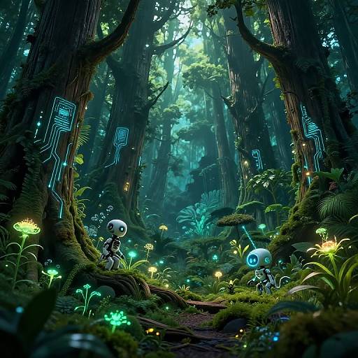 Digital fantasy forest scene with glowing mushrooms, blue luminescent symbols on trees, and two small, round-headed creatures with antennae.