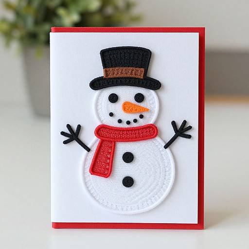 Photograph of a festive, textured Christmas card featuring a cute, black-topped snowman with red scarf, black dots, and orange nose.