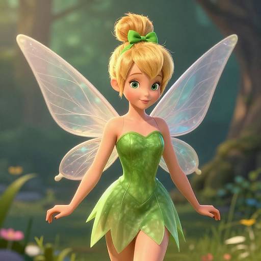 CGI image of a cute, blonde fairy with green dress, transparent wings, and green bow, standing in a lush, sunlit forest.