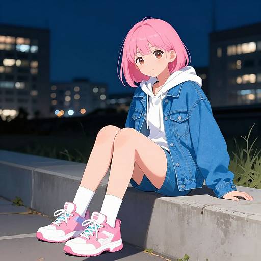 Anime-style digital drawing of a pink-haired girl with red eyes, wearing a blue denim jacket, white hoodie, and pink sneakers, sitting on a concrete