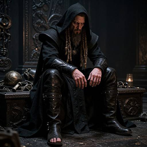 Photograph of a bearded man with long braids, wearing a black hooded cloak, leather boots, and armor, sitting in a dimly