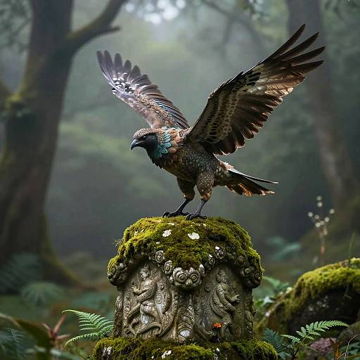 Starling on Mossy Statue in Enchanted Forest