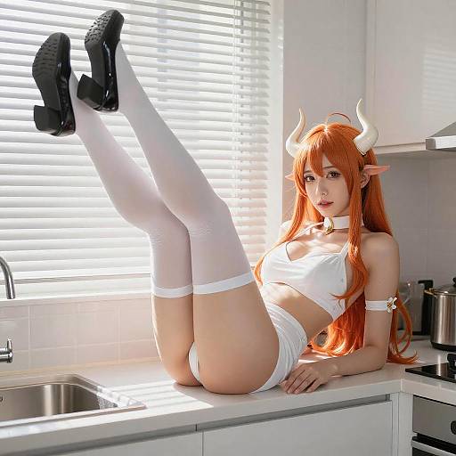 Cosplay Woman with Orange Hair Reclining