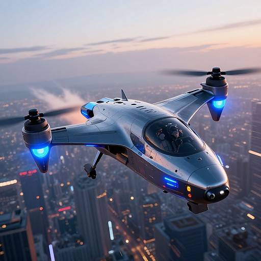 Photorealistic CGI of a futuristic, silver drone fighter jet with blue glowing lights, flying above a cityscape at sunset.