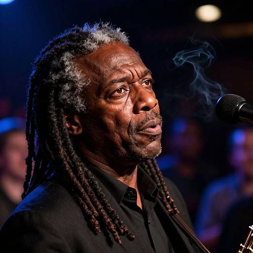 Photograph of an African-American man with gray dreadlocks, dark skin, wearing a black shirt, speaking into a microphone, with blue and black background