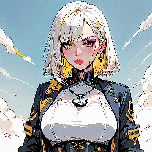 Digital anime-style drawing of a white-haired woman with yellow eyes, large breasts, wearing a white top, black jacket, and gold accents, set against