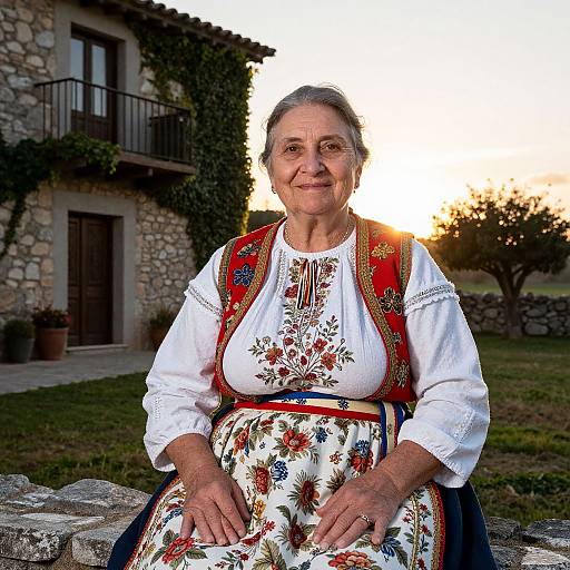 Photograph of an elderly woman in traditional Spanish peasant attire, with floral embroidery, standing outdoors at sunset in front of a stone house.