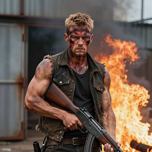 Intense Warrior Amidst Industrial Warfare