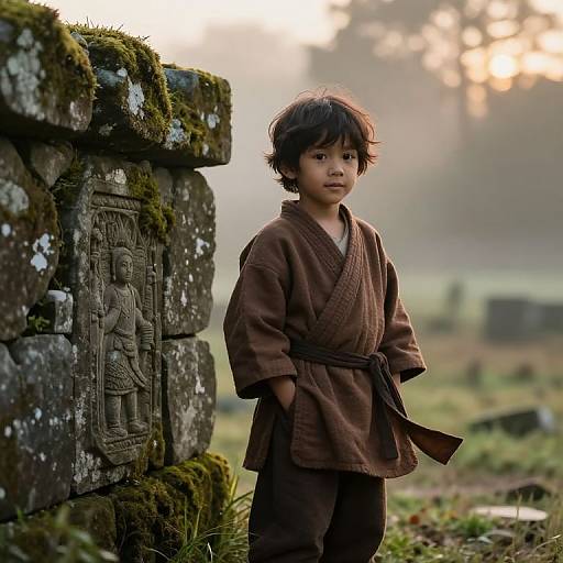 Curious Boy by Ancient Stone Wall
