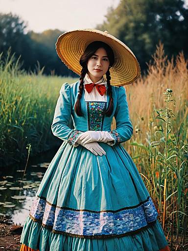 Photograph of a young woman in a blue Victorian-style dress with white gloves, red bow, and straw hat, standing in a lush, grassy
