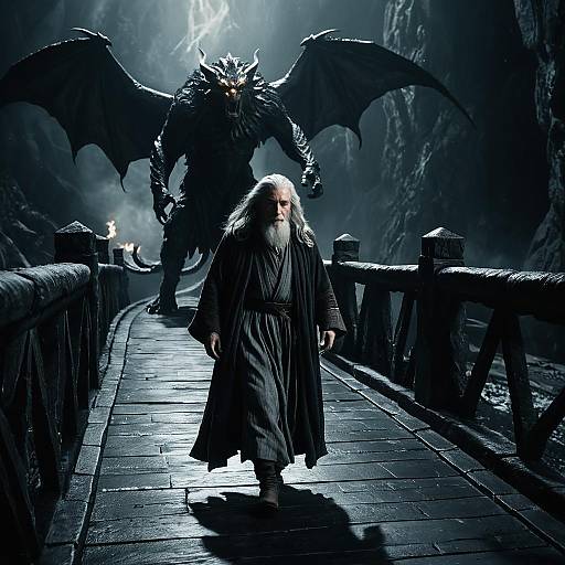 Fantasy Wizard and Balrog on Stone Bridge