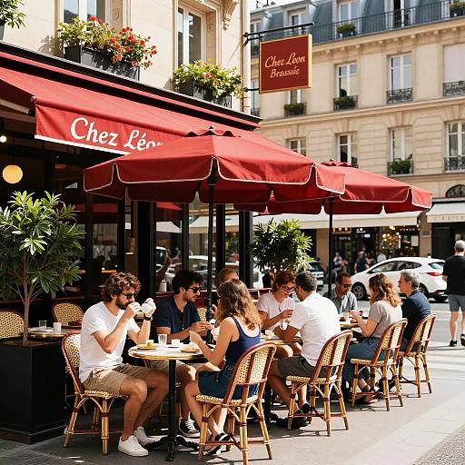 Photograph of a sunny Parisian street café with red awnings, wicker chairs, and diverse patrons enjoying coffee and conversation.