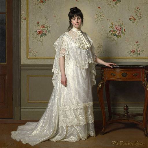 Victorian-era photograph of a pale-skinned woman with black hair in a white, lace-trimmed gown, standing beside a wooden table in a