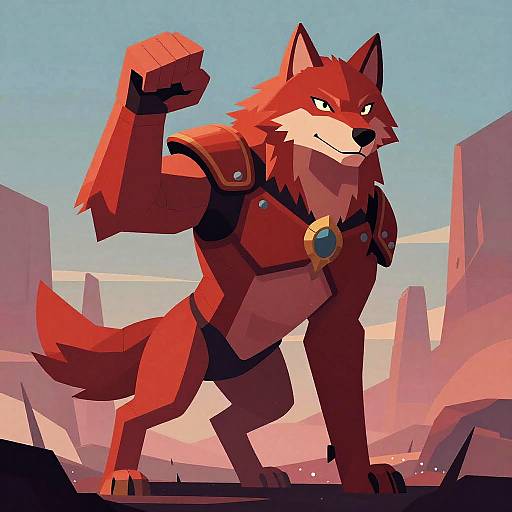 Giant Armored Crimson Wolf in Alien Landscape