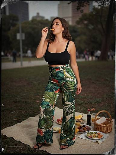 Photograph of a woman with dark hair, black crop top, and green floral pants, eating a popsicle in a park. Picnic items and