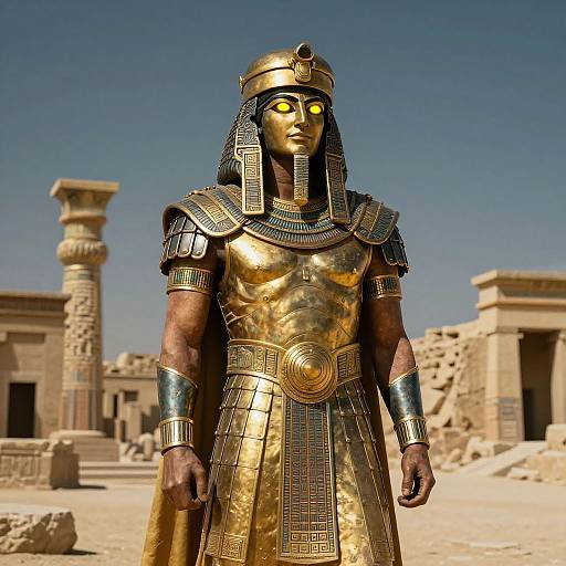 Photorealistic CGI of a golden, muscular Anubis statue with glowing yellow eyes, wearing an Egyptian headdress and ornate armor, standing in