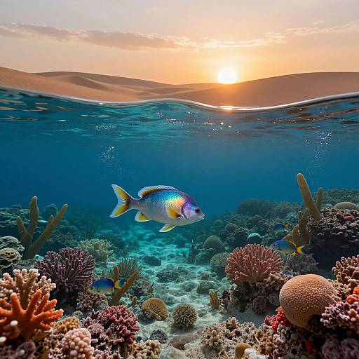Photograph of a vibrant blue fish with yellow accents swimming above a colorful coral reef at sunset, with the sun partially submerged in water.