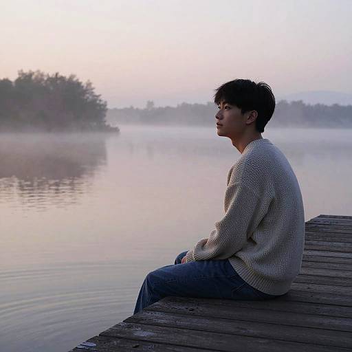 Photograph of a young Asian man in a beige sweater and jeans sitting on a wooden dock, gazing at a misty, serene lake at dawn