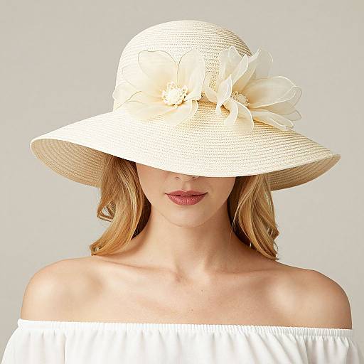 Photograph of a woman with fair skin, wearing a large white straw hat adorned with cream flowers, and an off-shoulder white top, against