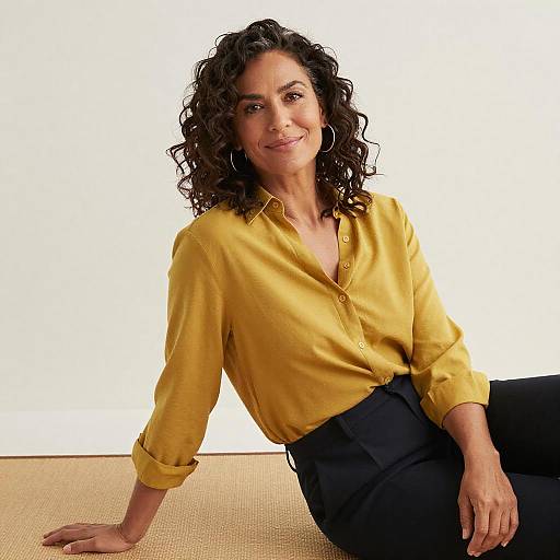 Photograph of a smiling, curly-haired woman with medium skin tone, wearing a yellow button-up shirt and black pants, sitting on a beige mat against