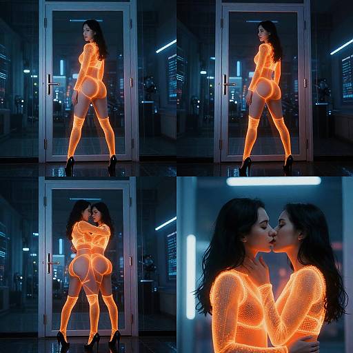 Photograph of a woman with glowing neon orange bodysuit, black high heels, and long dark hair, posing and kissing in a cityscape-l