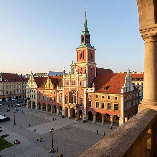 Photograph of a sunlit, historic European town square with a pink and beige Renaissance-style church featuring a green spire, arched windows, and