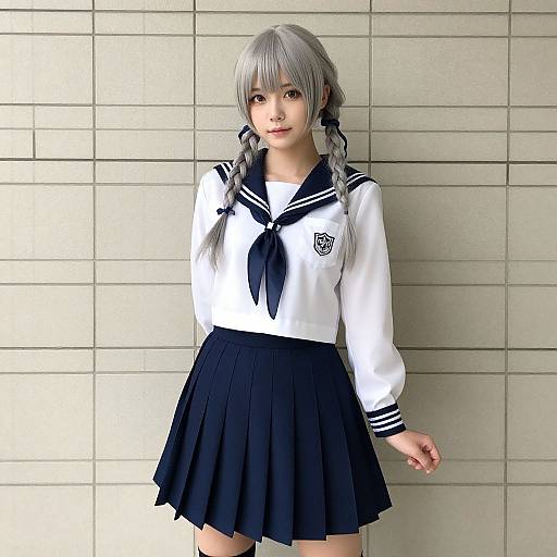 Digital anime-style image of a young girl with silver hair in twin braids, wearing a white sailor school uniform with black neckerchief and pleated