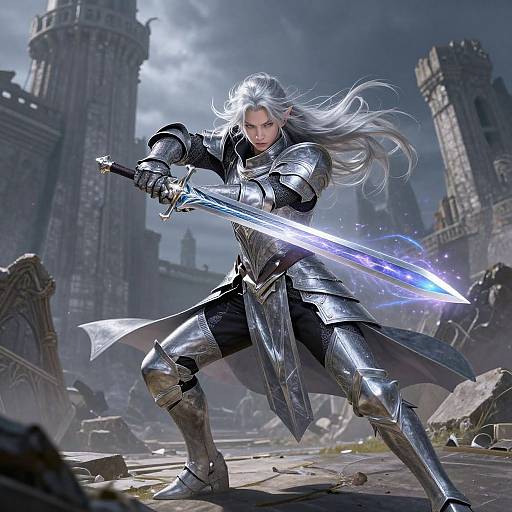 Silver-Haired Elf Warrior in Battle