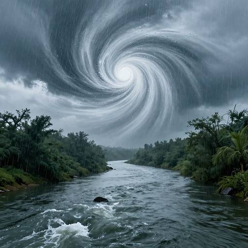 Photograph of a turbulent river with dark green trees on both sides, under a dramatic, swirling storm cloud in a rain-filled sky.