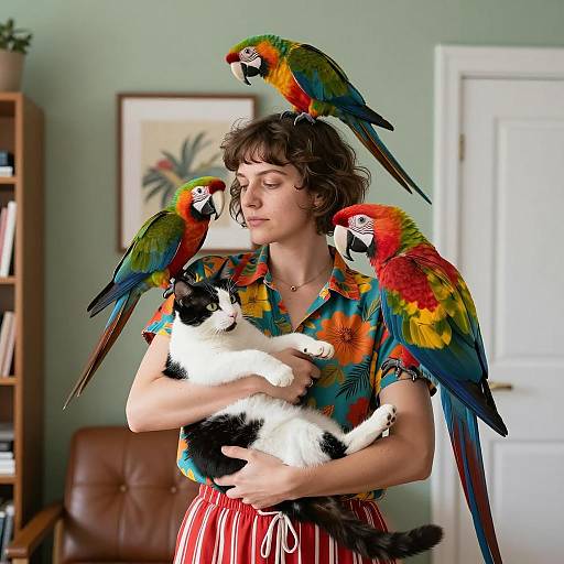 Woman with Cat and Macaws Indoors