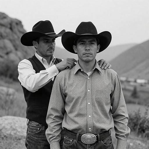 Serious Cowboys in a Mountain Landscape