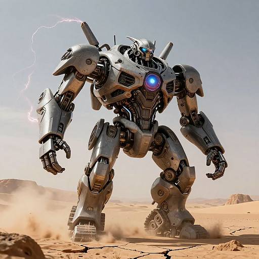 Photorealistic CGI of a towering, metallic robot with glowing blue eyes and a lightning bolt, standing in a desert with sunlight and dust.