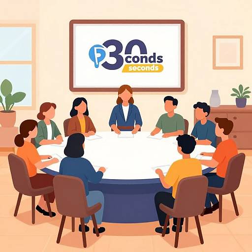 Illustration of a diverse team of seven people, seated around a whiteboard, discussing 