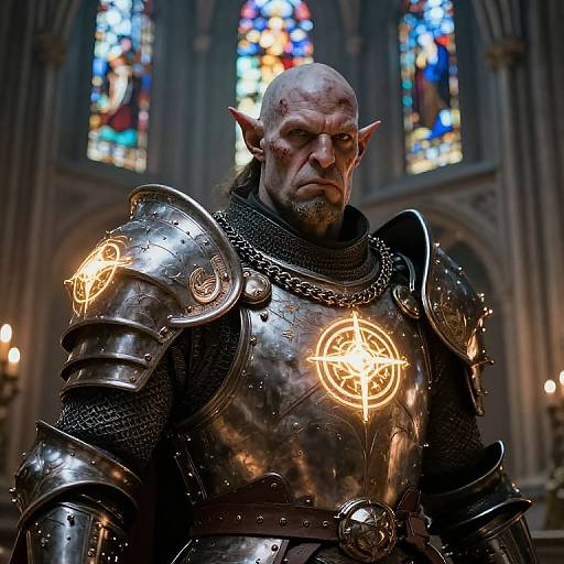 Photorealistic CGI of a stern, bald, elf-like man in shining medieval armor with glowing runes, standing in a dimly lit cathedral with colorful