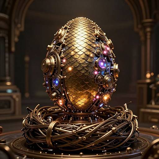 Photorealistic CGI of a gold, scale-textured orb adorned with glowing lights and metallic wires, set in a dimly lit, arched interior