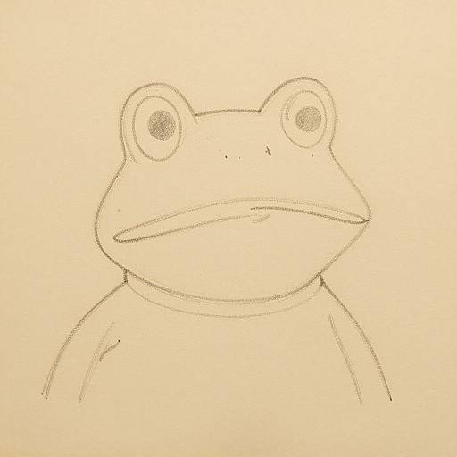Simple pencil sketch of a cartoon frog with large, round eyes and a neutral expression, centered on a blank, beige background.