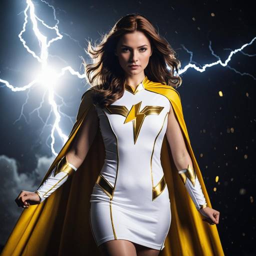 Woman in White and Gold Superhero Costume with Lightning Background