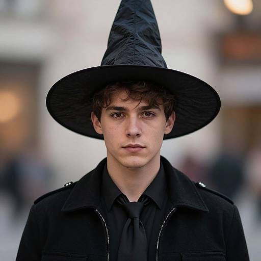 Photograph of a young white man with pale skin, brown wavy hair, wearing a black witch hat and black jacket, standing in a blurred urban