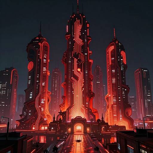 Cyberpunk cityscape illustration featuring neon-lit, futuristic skyscrapers with glowing red circuits and lights against a dark, night sky.