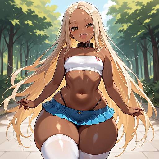 Anime-style digital illustration of a curvy, dark-skinned blonde woman with long hair, wearing a white tube top, blue mini-skirt, and