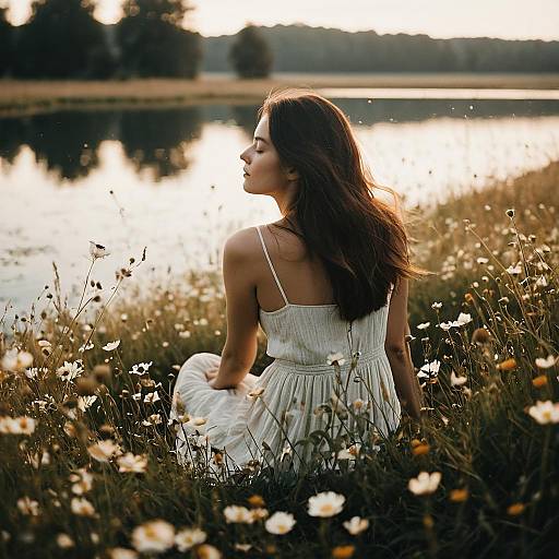 Woman in White Dress by Lakeside Wildflowers