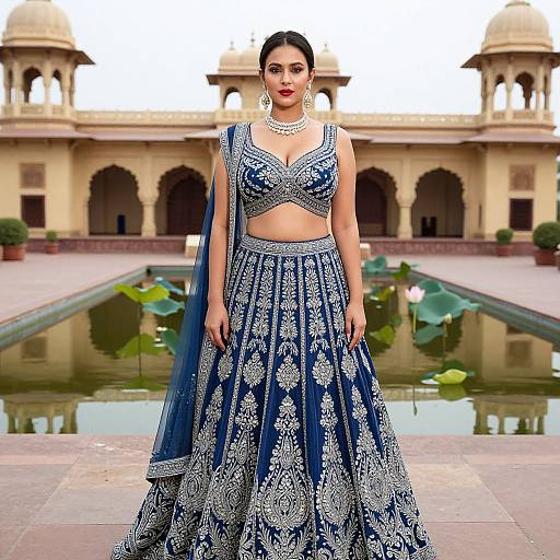 Photograph of a woman in an ornate blue and silver traditional Indian outfit with a matching dupatta, standing in front of a palace courtyard with a