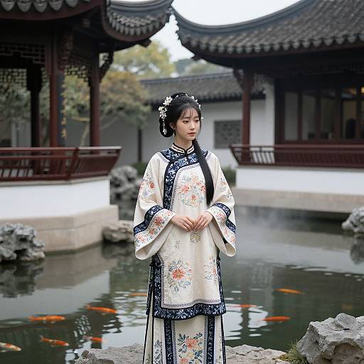Photograph of an Asian woman in traditional white floral kimono standing by a koi pond in a traditional Japanese garden.