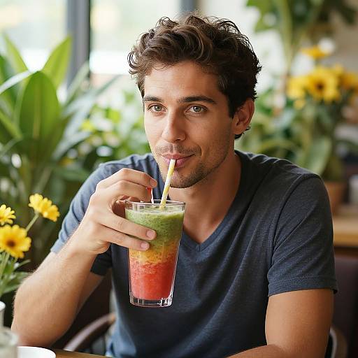 Photograph of a curly-haired, brown-eyed man in a navy shirt, sipping a layered green and red drink with a straw, surrounded by yellow