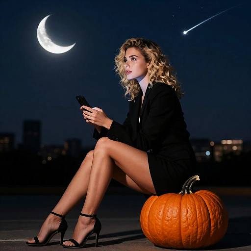 Blonde Woman on Pumpkin Under Night Sky