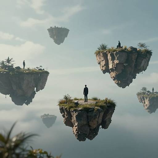 Digital artwork of floating rocky islands with grassy tops, silhouetted figures, and a lone person standing, reflecting in a calm sky.