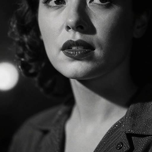 Black-and-white close-up photograph of a woman with curly hair, glossy dark lipstick, and textured blazer, illuminated from the left.
